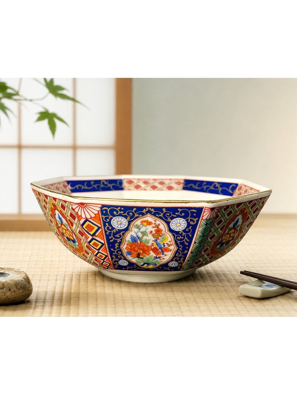 UCGC Japan 1970s Imari Style Bowl Octagonal Floral Porcelain, 9x3.5”